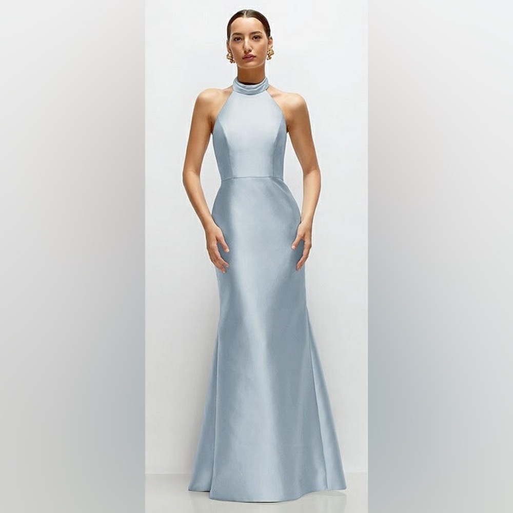 HIGH-NECK HALTER OPEN-BACK SATIN TRUMPET DRESS IN MIST - 2